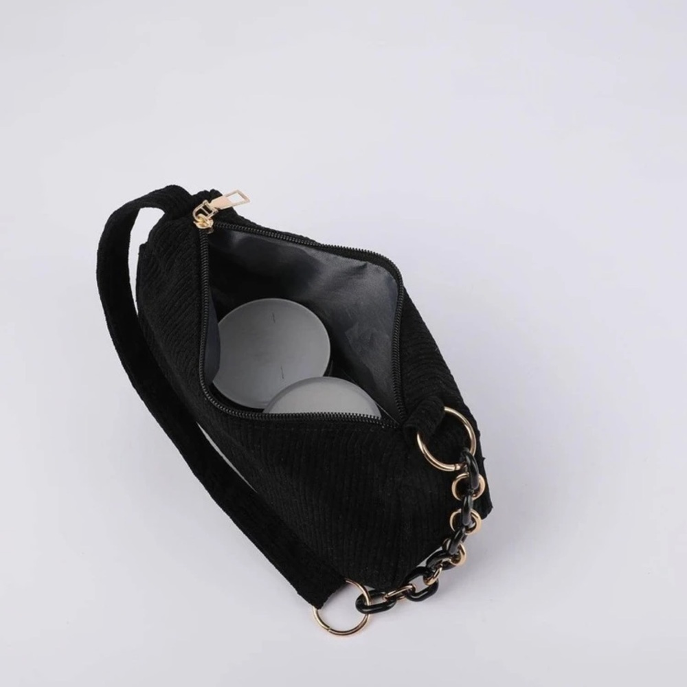 Black Corduroy Velvet Shoulder Bag withChain Strap Detail + Gold Hardware NWOT - Picture 6 of 8